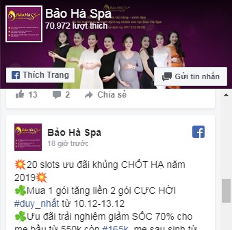 trang chính chủ facebook fanpage Bảo Hà Spa - Dịch vụ spa chăm sóc bầu, Spa chăm sóc sau sinh